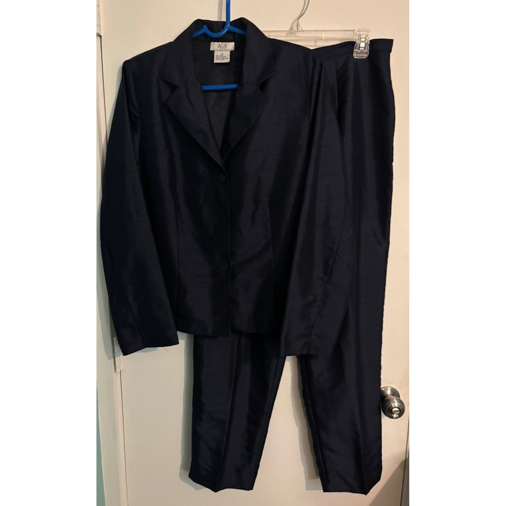 AGB Byer Deep Navy 2 Piece Pant Suit Sz 16 Tailored Blazer Straight Leg Pant